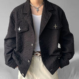 FOESCE Mens Harajuku Loose Metal Decorated Y2k Short Jacket Autumn Winter Genderless Retro Casual Trendy Street Texture Jacket Unisex