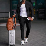FOESCE 2025 new spring and autumn men stand collar solid color baseball casual Waffle full pants two men's suit men's wear