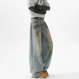FOESCE Men Baggy Wide Leg Jeans Washed High Street Fashion 2025 Trendy Casual Streetwear Oversized Fit Light Blue Vintage Wash Trousers