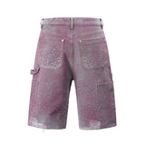 FOESCE Streetwear Full Rhinestone Print Baggy Jeans Shorts for Men Ripped Hole Washed Short Casual Loose Denim Five Point Pants