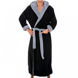 FOESCE Men Nightgown Hooded Long Sleeve Color-Blocked Thickened Plush Robe Lace-up Belt Long Style Thermal Insulation Loungewear
