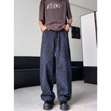 FOESCE American  handsome blue leopard print jeans for men denim men's design sense American hiphop high street pants Vibe trendy