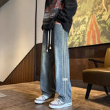FOESCE Three bar American retro jeans men's spring and autumn new style high street elastic waist loose casual men's straight leg long