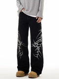FOESCE Women Jeans Oversize Hip-hop Fashion Vintage Streetwear Y2K Wide Leg Jean High Waist Embroidery Pattern Trouser Baggy Denim Pant