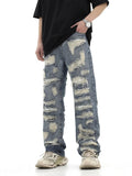 FOESCE 2025 American style high street washed personalized torn hole cut straight tube loose fitting jeans, versatile for men and women