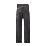 FOESCE High Street Washed Baggy Casual Hole Feet Flare Jeans Men's Y2K Straight Vintage Distressed Loose Denim Trousers Oversize Cargos