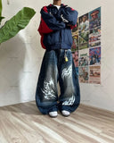 FOESCE Y2K Korean Loose Jeans Harajuku Fashion Embroidered Pattern Hip-hop Versatile Denim Pants Straight Leg Casual Wide Leg Pants