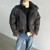 FOESCE Mens Solid Color Stand-Up Collar Cotton Casual Autumn Winter Genderless Fashion Youth Trend Korean Style Bread Jacket Unisex
