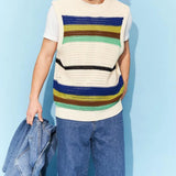 FOESCE Spring New Hollow Stripe Knitwear Sweater Vest 2025 Contrast Color O Neck Casual Tank Tops Korean Fashion Male Sleeveless Tees