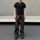 FOESCE Mens Denim Trousers Vintage American Retro High Street Camouflage Functional Design Straight Durable Versatile Trousers Summer