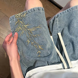 Trendy Chinese Style High Street Embroidery Denim Shorts For Men Summer Thin Straight Leg Loose Fit Casual Mid Waist Jeans
