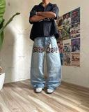 FOESCE American Baggy Washed Jeans Retro Harajuku Cartoon Print Straight-Shirt-Legging Pants Men Casual Loose Hip Hop Streetwear Women