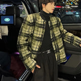 FOESCE Men's Tweed Plaid Blazers Cardigan Autumn Winter Trend Collarless Short Jacket Fashion Green Korean Style Chic Elgance Coat