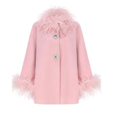 FOESCE Elegant Feather Collar Cape Coats For Women Casual Solid Single Breasted Jackets Lady Autumn Chic Loose High Street Outwear Tops