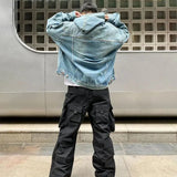 FOESCE Mens Autumn Winter Fashion Denim Washed Distressed Retro Hoodie Genderless Street Fashion Casual Loose Denim Sweatshirt Unisex