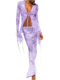FOESCE Y2k Women Sheer Mesh  Fairy Grunge Tie Up Ruffle V Neck Beach Dresses Aesthetic Tassel 2 Piece Skirt Set Summer (Long