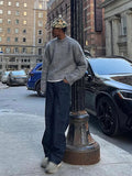 Men's Ribbed Semi High Neck Loose Knitted Sweater Autumn Winter Fashion New Casual High Street Solid Color Long Sleeved Pullover