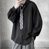 FOESCE Korean Style Men's Long-sleeved Shirts Black Tie Cozy Casual Solid Oversize Blouses Breathable Loose Shirt Harajuku Male Clothes