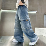 FOESCE New Boys' loose Jeans, Mid Size Boys' Spring and Autumn Workwear, Wide leg Pants, Boys' Spring and Autumn Clothing