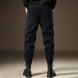 FOESCE Mens Corduroy Plus Velvet Textured Sports Casual Pants Autumn Winter Genderless Trendy Ribbed Cuff Workwear Style Pants Unisex
