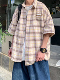 FOESCE Summer Y2K Vintage Short Sleeve Shirt For Men Loose Appliques Polos Lapel Plaid Tee Shirts 2025 New High Street Pocket Blouse