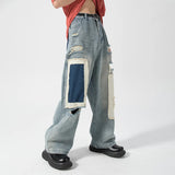 FOESCE 2025 Men's Hole Casual Jean Beggar Pants High Street wear Spliced Jeans Summer Trendy Worn Out Wide Leg Denim Pants streetwear
