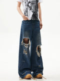 FOESCE American style distressed and distressed design, floor mopping jeans for men and women, loose high street straight leg casual