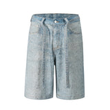 FOESCE Streetwear Full Rhinestone Print Baggy Jeans Shorts for Men Ripped Hole Washed Short Casual Loose Denim Five Point Pants