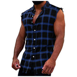 FOESCE Mens Sleeveless Flannel Tank Tops Casual Loose Button Down Cowboy Plaid Snap Shirts Plus Size Vest Camiseta Masculina Playeras