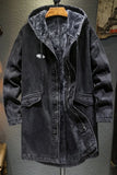 Men's Fleece-lined Denim Jacket Loose Fit Hooded Work Coat Medium-length Thickened Warm Cotton Coat For Winter