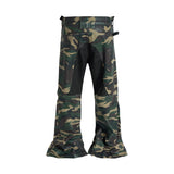 FOESCE Camouflage Coated Micro Flared Motorcycle Pants for Men Patchwork Baggy Jeans Ankle Zipper Boot Cut Oversized Denim Cargos