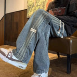 FOESCE Three bar American retro jeans men's spring and autumn new style high street elastic waist loose casual men's straight leg long