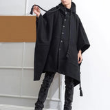 FOESCE Mens Dark Style Mid-Length Casual Hooded Cape Autumn And Winter Genderless Fashion Retro Loose Solid Color Shawl Cape Unisex