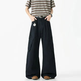 FOESCE 2025 Autumn Winter Korean Style Straight Leg Causal Jeans Men's Fashion Versatile Loose Pants Men's Washed Retro Large Pockets
