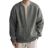 FOESCE Spring Autumn Men's Loose Sweater Knitted Zipper Medium Length Lazy Cardigan Solid High Street Casual O-neck Sweater Clothes