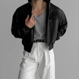 FOESCE Mens Pu Leather Jacket Short Motorcycle Jacket Street Wear Fashion Youth Biker Pilot Jacket Old Money Men'S Clothing 2025 New