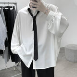 FOESCE Korean Style Men's Long-sleeved Shirts Black Tie Cozy Casual Solid Oversize Blouses Breathable Loose Shirt Harajuku Male Clothes
