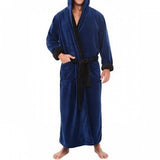 FOESCE Men Nightgown Hooded Long Sleeve Color-Blocked Thickened Plush Robe Lace-up Belt Long Style Thermal Insulation Loungewear