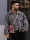 Men's Solid Aviator Jacket With Pockets Front Zipper Lapel Short Bomber Jacket 2024 Autumn Winter Casual Cropped Outerwear ﻿