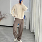 FOESCE American Summer Men's 2025 New Spliced Turn-down Collar Button Fashion Solid Loose Versatile Casual Long Sleeve Knitted Top