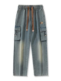 FOESCE 2025 Autumn New Men's Cargo Jeans Big Size 8XL 7XL 6XL String Banding Cotton Wide Leg Denim Pants Straight Baggy Jean Trousers