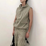 FOESCE Mens Y2k Functional Multi-Pocket Casual Hooded Vest 2025 New Genderless Fashion Loose Solid Color Sleeveless Tank Top Unisex