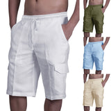 White Cotton Linen Shorts Men Summer Casual Multi-Pocket Sport Shorts Mens Fashion Elastic Waist Breathable Beach Shorts