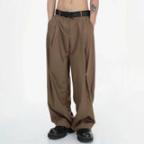 FOESCE Mens Y2k Pleated Casual Pants Genderless Fashion Youth Street Retro Solid Color Loose Couple Floor-Length Wide-Leg Pants Unisex
