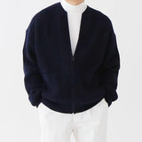 FOESCE Spring Autumn Men's Loose Sweater Knitted Zipper Medium Length Lazy Cardigan Solid High Street Casual O-neck Sweater Clothes