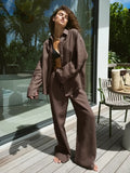 FOESCE Women Casual Brown Cotton Linen Shirt Pants Suit Fashion Single Breasted Blouses Elastic Waist Pant Set 2025 Spring Loose Outfit
