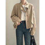 FOESCE FSMG Women's Casual Jacket,Autumn Korean Style Stand Collar, Comfortable Loose Fit Solid Color, Short Jacket with Drawstring Hem
