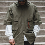FOESCE Maden Vintage Urban Outdoor Short Sleeve Shirts for Men Green Loose Multi-pocket Blouses T-shirt Summer Male Casual Shirts