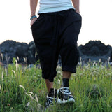 FOESCE Men Summer Black Linen Harem Pants Nightclub Stage Baggy Trousers With Rope Belt Mens Gothic Punk Hip Hop Joggers Street Wear