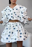 FOESCE Home Suit Women Pajamas Cotton Linen Top Skirt Set Summer Strawberry Pattern Ruffle Long Sleeve Button Blouse Mini Skirt Outfits